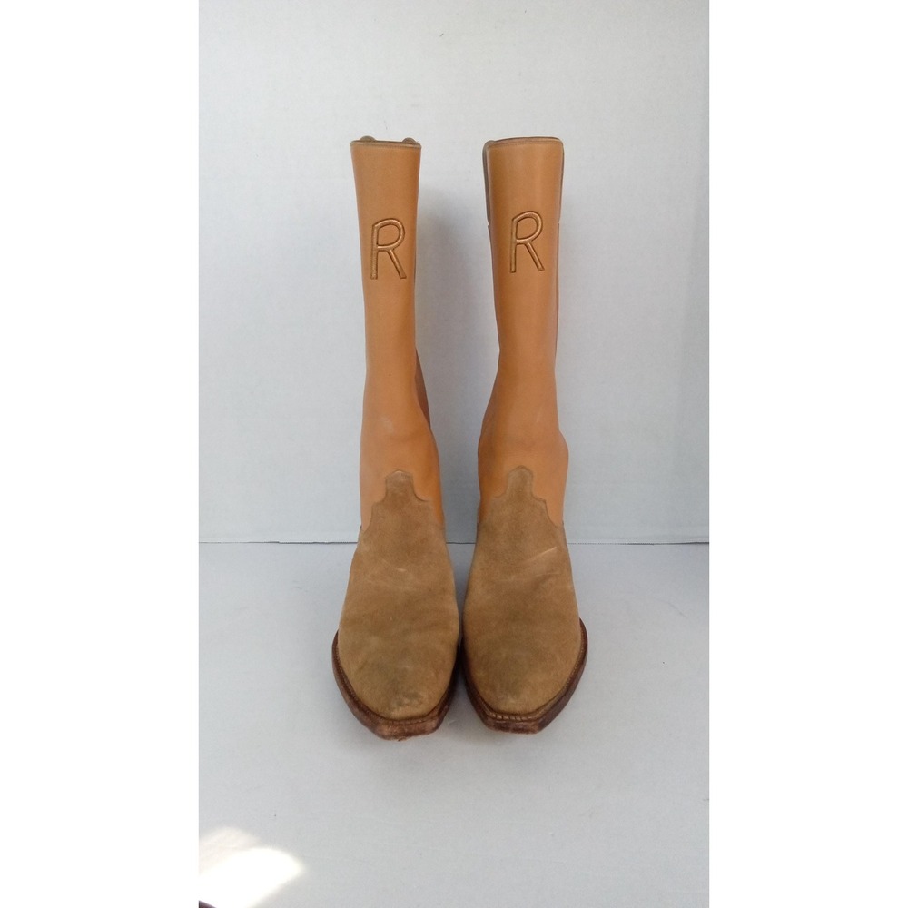Suede & Leather Western Cowboy Boots Tall Tan Shaft‎ With R Logo